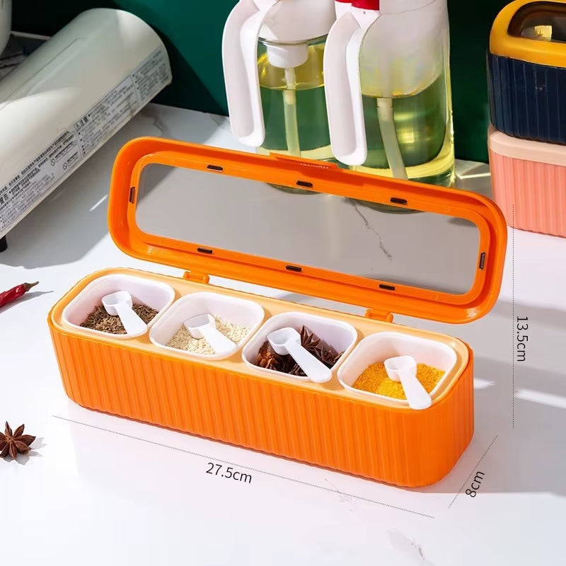 4 in 1 Seasoning Box with Spoon Spice Jar Multi Compartment Salt Pepper Spice Jars Pots Kitchen Accessories Condiment Container