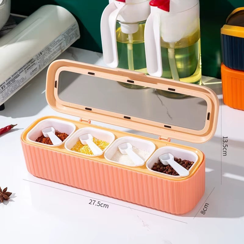 4 in 1 Seasoning Box with Spoon Spice Jar Multi Compartment Salt Pepper Spice Jars Pots Kitchen Accessories Condiment Container