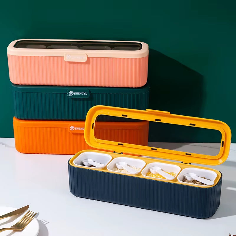 4 in 1 Seasoning Box with Spoon Spice Jar Multi Compartment Salt Pepper Spice Jars Pots Kitchen Accessories Condiment Container
