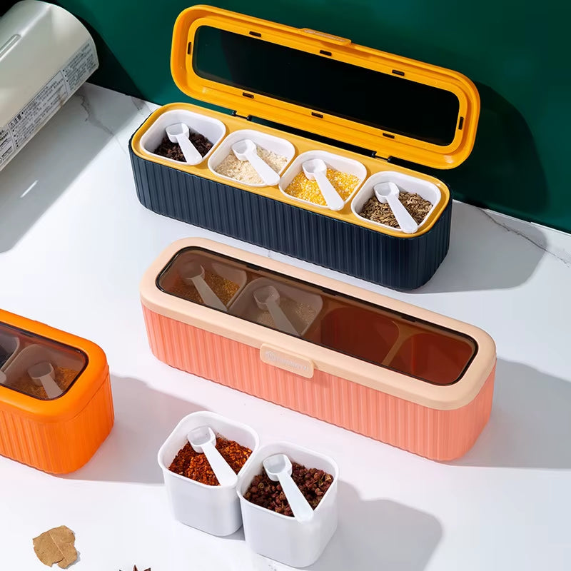 4 in 1 Seasoning Box with Spoon Spice Jar Multi Compartment Salt Pepper Spice Jars Pots Kitchen Accessories Condiment Container