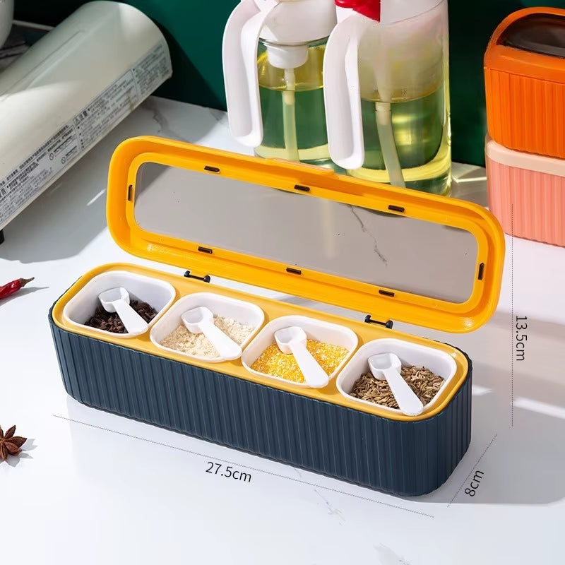 4 in 1 Seasoning Box with Spoon Spice Jar Multi Compartment Salt Pepper Spice Jars Pots Kitchen Accessories Condiment Container