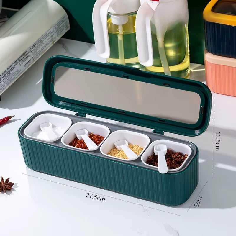 4 in 1 Seasoning Box with Spoon Spice Jar Multi Compartment Salt Pepper Spice Jars Pots Kitchen Accessories Condiment Container