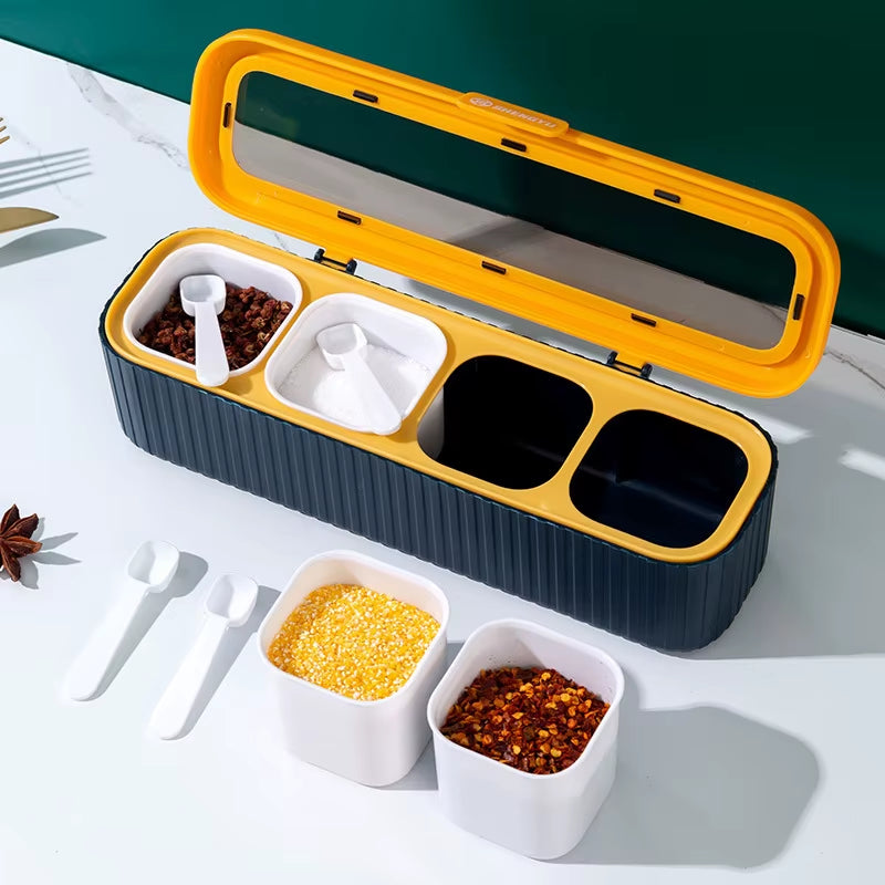 4 in 1 Seasoning Box with Spoon Spice Jar Multi Compartment Salt Pepper Spice Jars Pots Kitchen Accessories Condiment Container